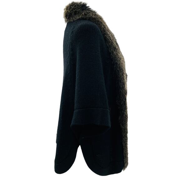 Alberto Makali Black Loose Knit Designer Faux Fur Trim Caplet Sweater Cardigan L - Picture 9 of 13